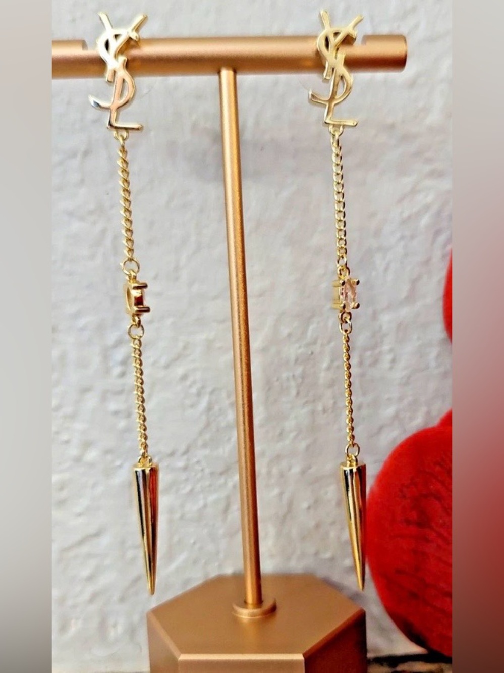 Auth. YVES SAINT LAURENT YSL Crystal
LOGO Long Chain Drop
EARRINGS Gold Tone